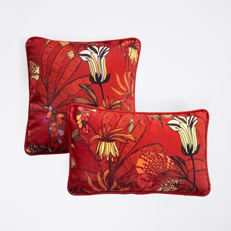 Housse de coussin en velours avec passepoil motif Floralie Azuréen